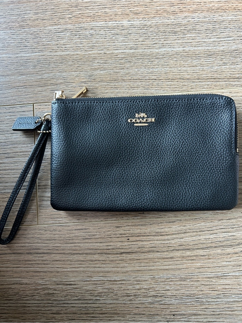 Coach Black Pebbled Leather Double Wristlet with Gold Hardware